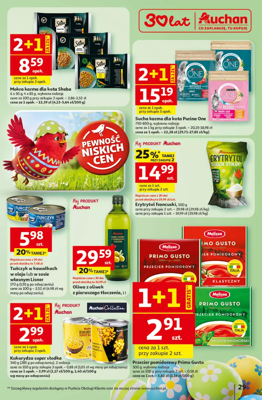 Gazetka promocyjna Auchan - 30 Lat Hipermarket - ważna 31.03 do 04.04.2026 - strona 29 - produkty: Kawa, Kukurydza, Lisner, Mokra karma, Olej, Oliwa, Oliwa z oliwek, Pur, Purina, Sheba, Sos, Sucha karma, Tuńczyk