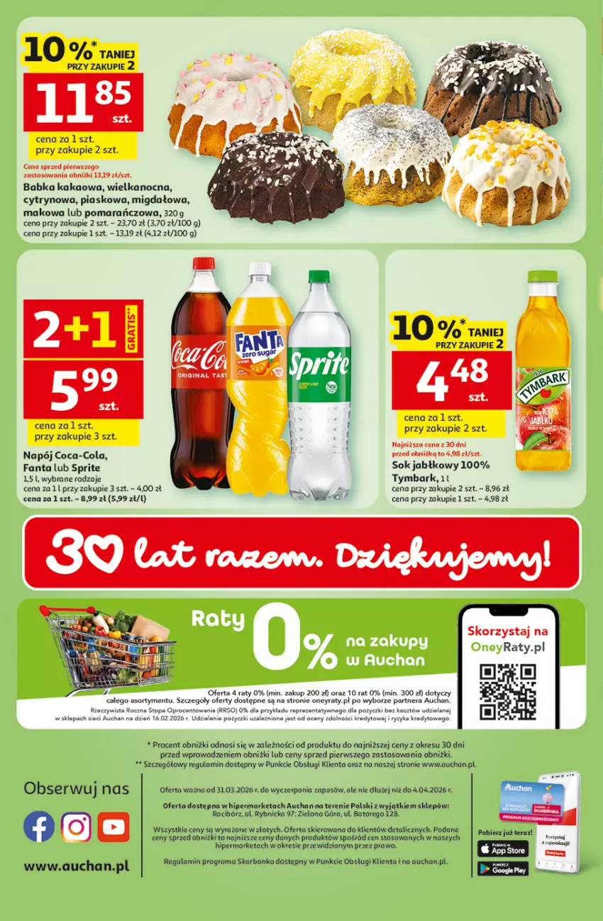 Gazetka promocyjna Auchan - 30 Lat Hipermarket - ważna 31.03 do 04.04.2026 - strona 35 - produkty: Babka, Coca-Cola, Fa, Fanta, Gra, Kakao, Kosz, Napój, Sok, Sok jabłkowy, Sprite, Top, Tymbark, Waga