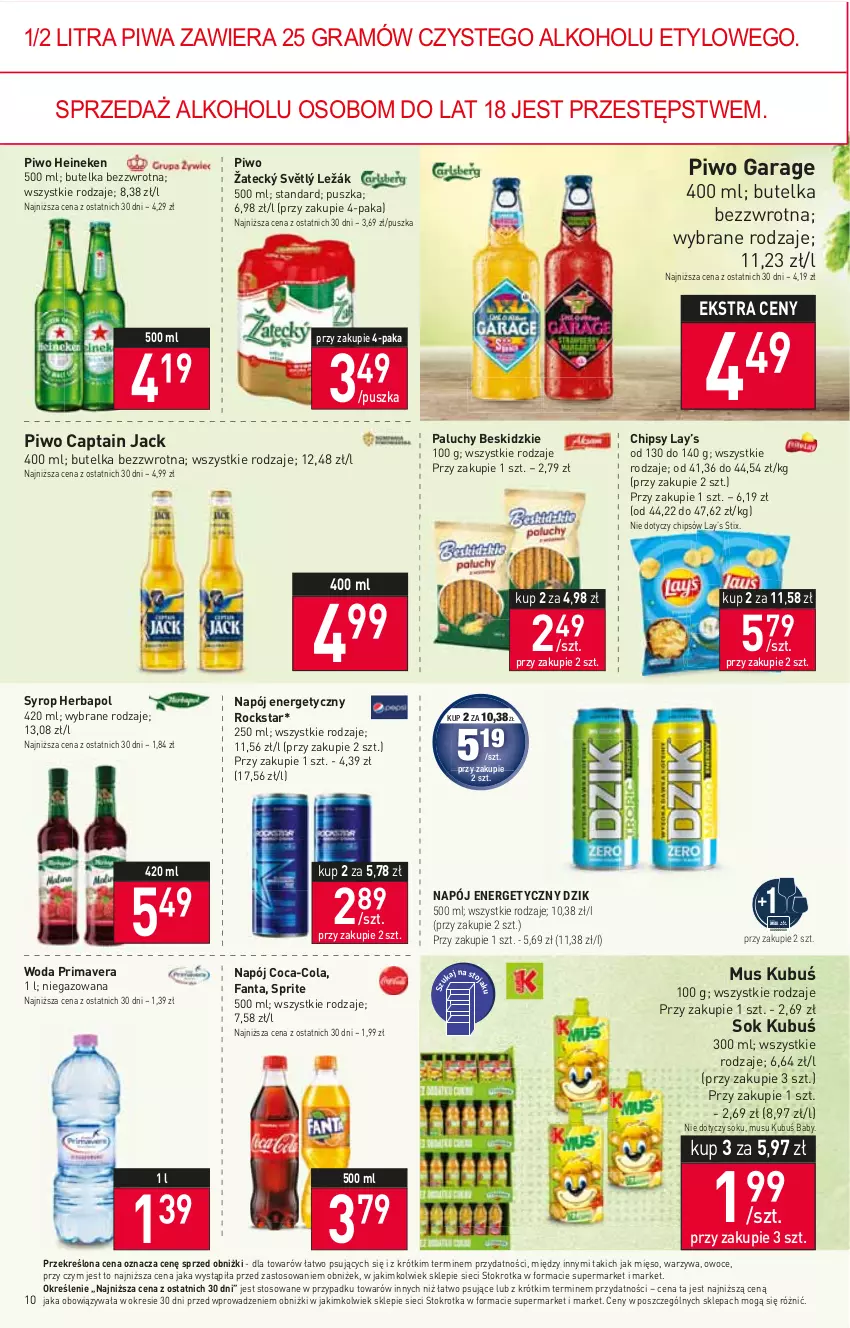 Gazetka promocyjna Stokrotka - Supermarket - ważna 18.05 do 24.05.2023 - strona 10 - produkty: Beskidzki, Captain Jack, Chipsy, Coca-Cola, Fa, Fanta, Gra, Heineken, Herbapol, Kubuś, Lay’s, Mięso, Mus, Napój, Napój energetyczny, Owoce, Piwa, Piwo, Prima, Primavera, Sok, Sprite, Syrop, Warzywa, Woda