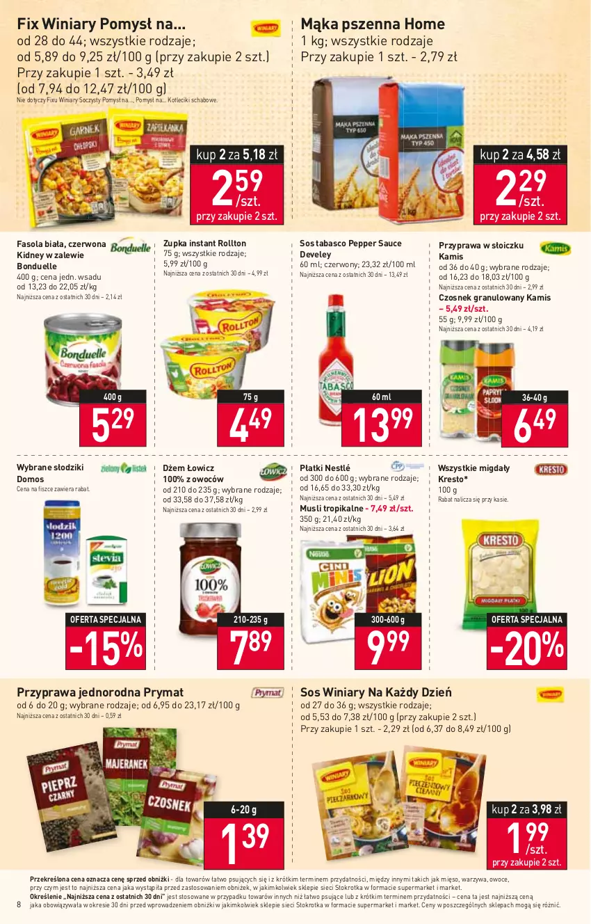 Gazetka promocyjna Stokrotka - Supermarket - ważna 18.05 do 24.05.2023 - strona 8 - produkty: Bonduelle, Czosnek, Czosnek granulowany, Dżem, Fa, Fasola, Gra, Kamis, Mąka, Mąka pszenna, Mięso, Migdały, Mus, Nestlé, Owoce, Prymat, Sos, Sos tabasco, Warzywa, Winiary