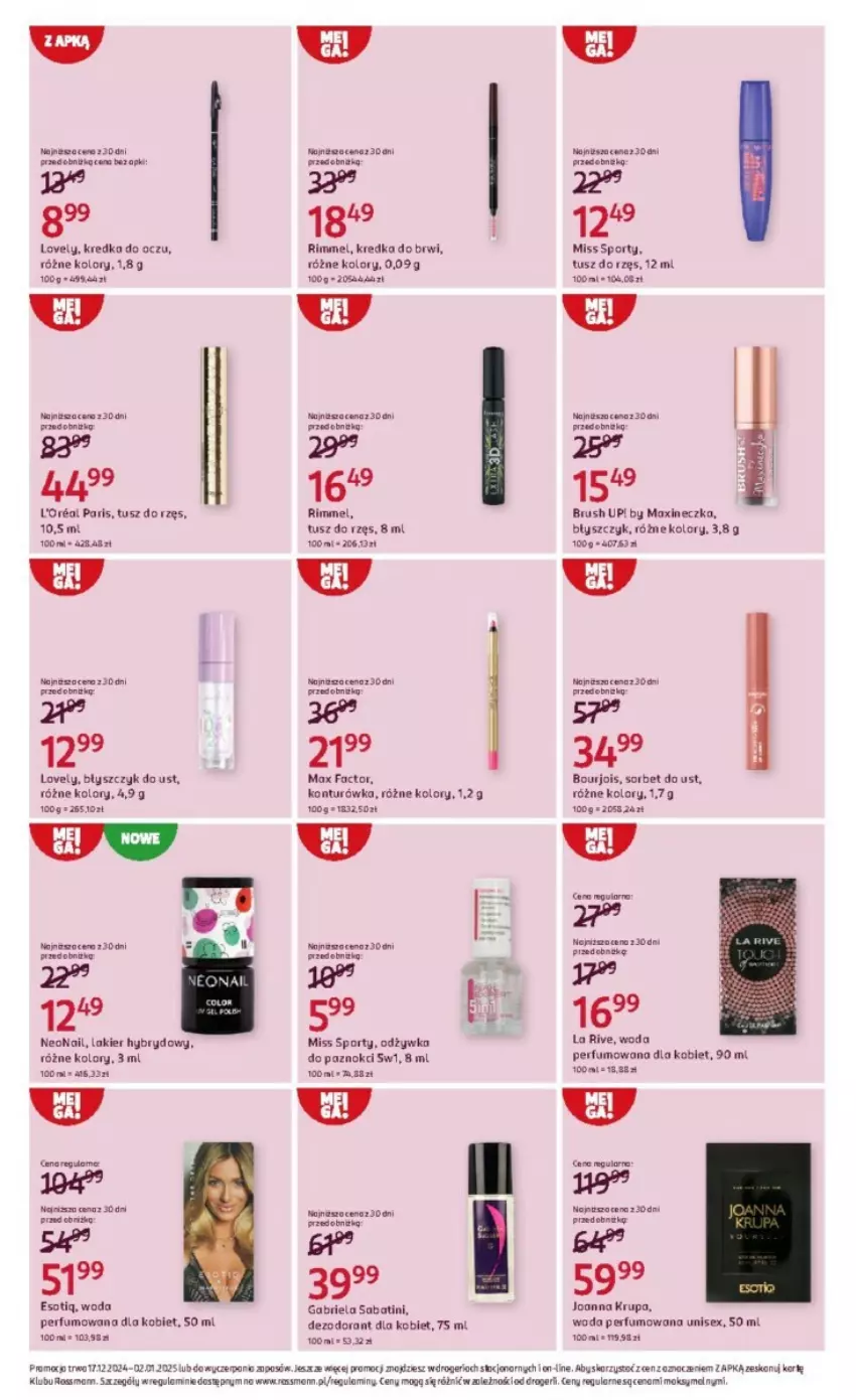 Gazetka promocyjna Rossmann - ważna 17.12.2024 do 02.01.2025 - strona 15 - produkty: Błyszczyk do ust, Bourjois, Brie, Dezodorant, Fa, Gabriela Sabatini, Joanna, Joanna Krupa, Kredka, Kredka do brwi, La Rive, Lakier, Lakier hybrydowy, Lovely, Max Factor, Miss Sporty, NeoNail, Odżywka, Perfum, Por, Sport, Tusz, Woda, Woda perfumowana