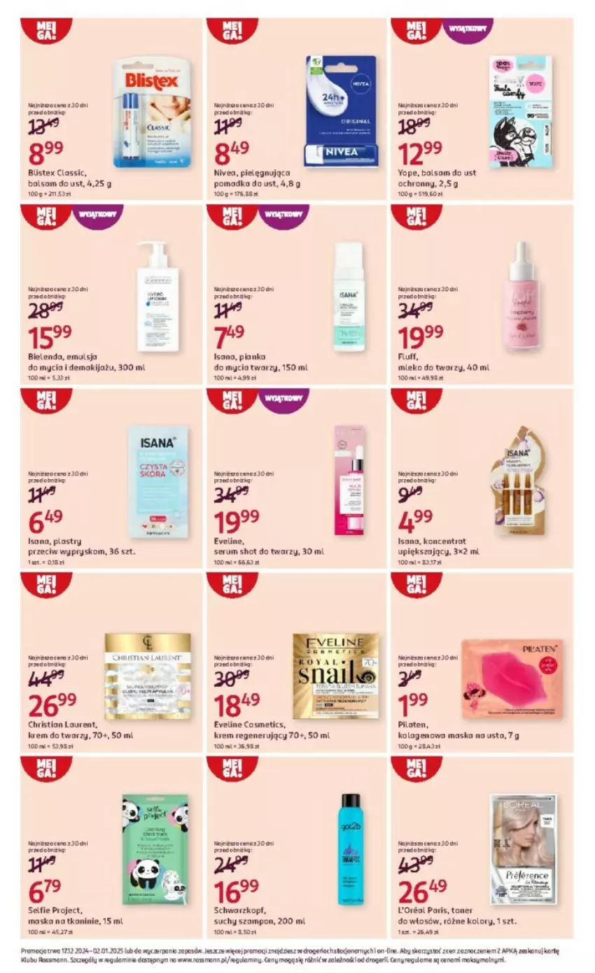 Gazetka promocyjna Rossmann - ważna 17.12.2024 do 02.01.2025 - strona 16 - produkty: Balsam do ust, Bielenda, Emulsja, Emulsja do mycia, Eveline, Isana, Kolagen, Krem do twarzy, Krem regenerujący, Laur, Makijaż, Maska, Nivea, Pianka do mycia twarzy, Rum, Schwarzkopf, Ser, Serum, Suchy szampon, Szampon, Yope