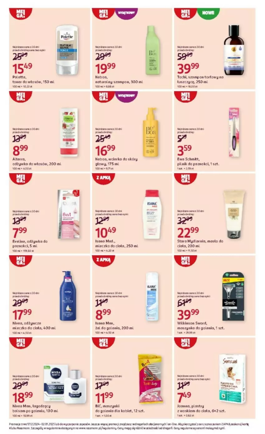 Gazetka promocyjna Rossmann - ważna 17.12.2024 do 02.01.2025 - strona 2 - produkty: Alterra, Balsam po goleniu, BIC, Eveline, Ewa Schmitt, Isana, Joanna, Masło, Masło do ciała, Maszynka, Maszynka do golenia, Miecz, Nivea, Nivea Men, Odżywka, Palette, Pilnik, Pilnik do paznokci, Szampon, Szynka, Wilkinson Sword