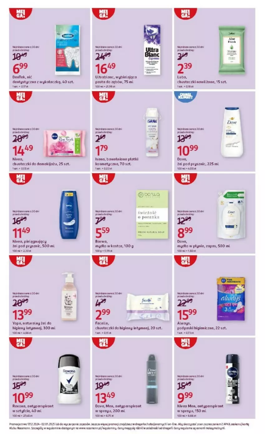 Gazetka promocyjna Rossmann - ważna 17.12.2024 do 02.01.2025 - strona 3 - produkty: Antyperspirant, Chusteczki, Chusteczki do higieny, Dove, Fa, Facelle, Isana, Makijaż, Mydło, Mydło w płynie, Nić dentystyczna, Nivea, Nivea Men, Pasta do zębów, Płatki kosmetyczne, Podpaski, Rama, Rexona, Yope