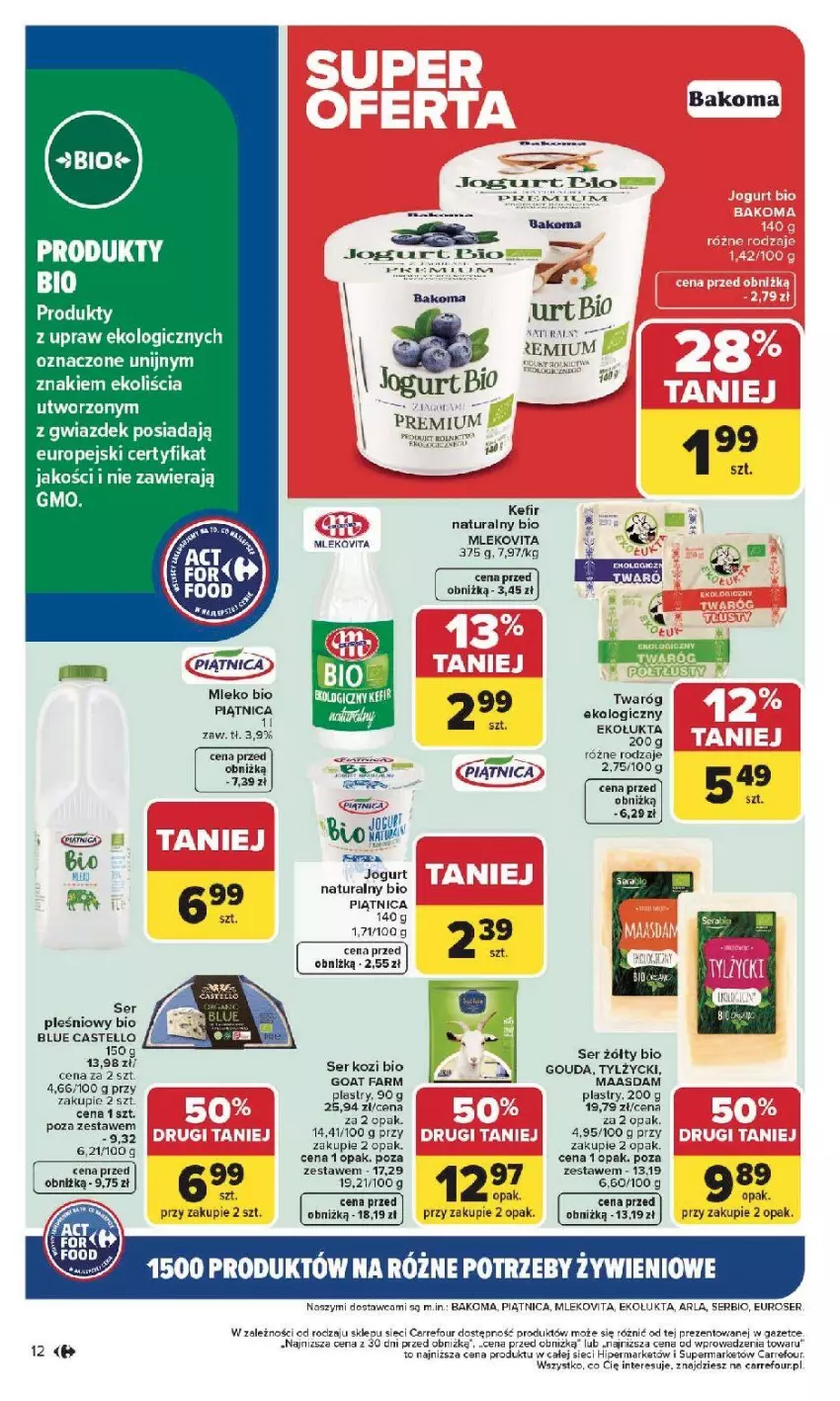 Gazetka promocyjna Carrefour - Gazetka Na różne potrzeby żywieniowe - ważna 05.01 do 17.01.2026 - strona 12 - produkty: Bakoma, Fa, Gouda, Jogurt, Jogurt naturalny, Kefir, Maasdam, Mleko, Mlekovita, Piątnica, Por, Ser, Ser kozi, Ser pleśniowy, Twaróg