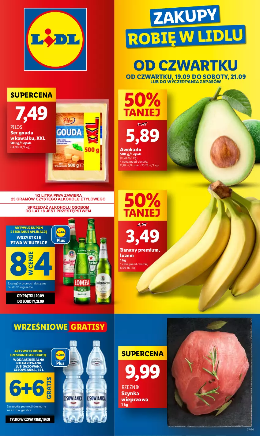 Gazetka promocyjna Lidl - GAZETKA - ważna 19.09 do 21.09.2024 - strona 1 - produkty: Banany, Cisowianka, Gouda, Gra, Kawa, Pilos, Piwa, Ser, Szynka, Szynka wieprzowa, Woda, Woda mineralna