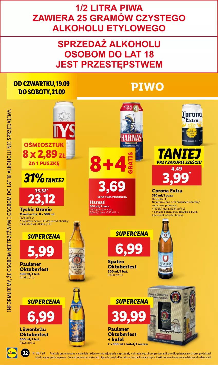 Gazetka promocyjna Lidl - GAZETKA - ważna 19.09 do 21.09.2024 - strona 36 - produkty: Corona Extra, Gra, Harnaś, Piwo, Tyskie