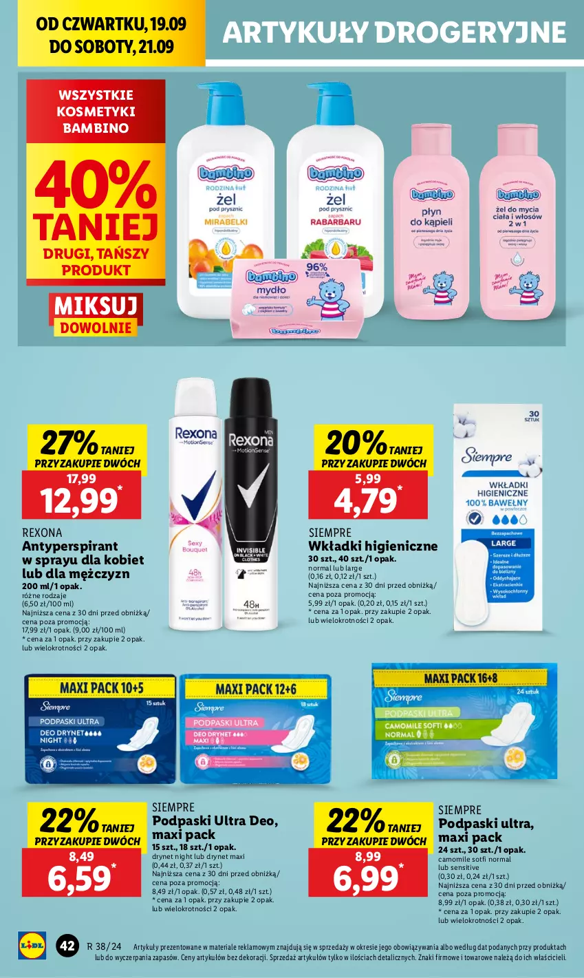 Gazetka promocyjna Lidl - GAZETKA - ważna 19.09 do 21.09.2024 - strona 46 - produkty: Antyperspirant, Podpaski, Rexona, Wkładki