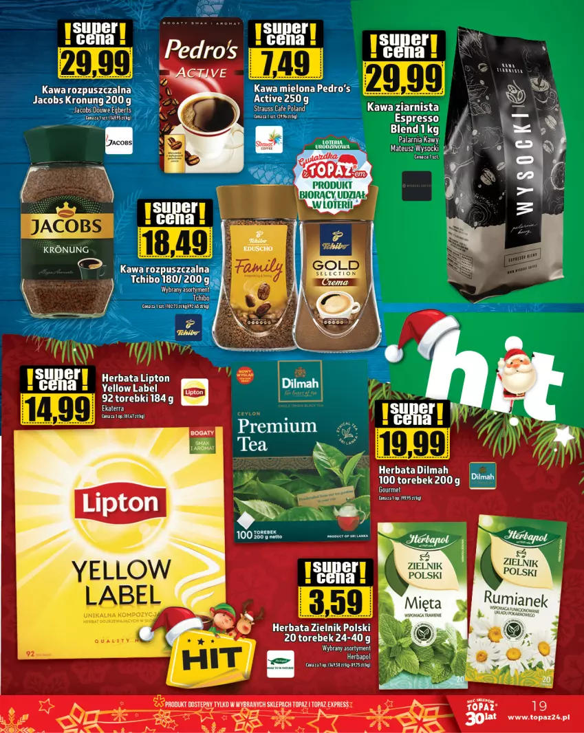 Gazetka promocyjna Topaz - Gazetka - ważna 14.12 do 20.12.2023 - strona 19 - produkty: Dilmah, Herbapol, Herbata, Jacobs, Kawa, Kawa mielona, Lipton, Tchibo, Top