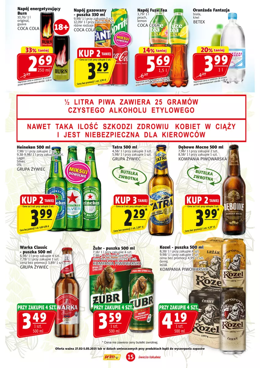 Gazetka promocyjna Prim Market - ważna 27.02 do 05.03.2025 - strona 15 - produkty: Fa, Fanta, Gin, Heineken, Kiwi, Kozel, Napój, Oranżada, Piwo, Tatra, Warka