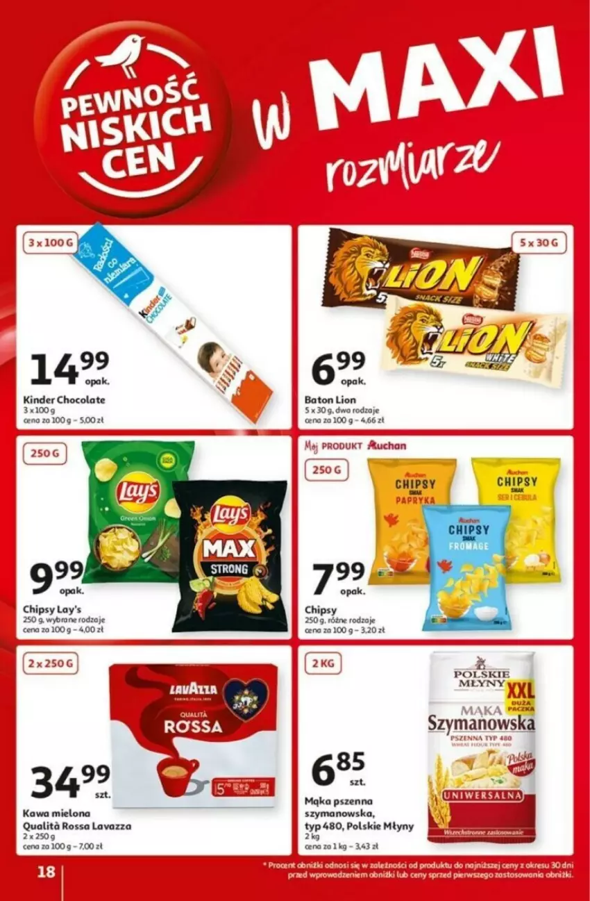 Gazetka promocyjna Auchan - ważna 16.01 do 21.01.2025 - strona 13 - produkty: Baton, Chipsy, Kawa, Kawa mielona, Kinder, Lavazza, Lion, Mąka, Mąka pszenna, Polskie Młyny