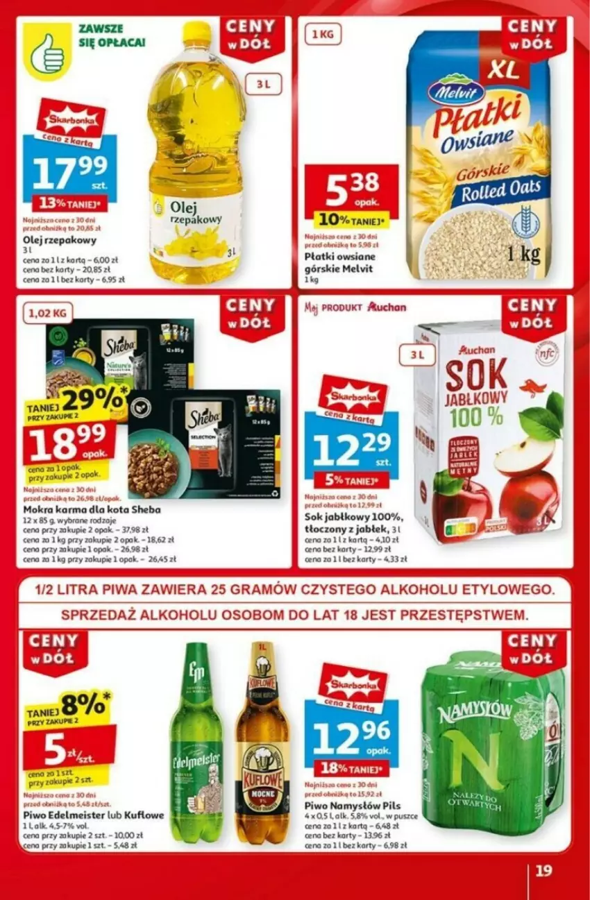 Gazetka promocyjna Auchan - ważna 16.01 do 21.01.2025 - strona 14 - produkty: Mokra karma, Olej, Olej rzepakowy, Piwa, Piwo, Płatki owsiane, Sheba, Sok, Sok jabłkowy