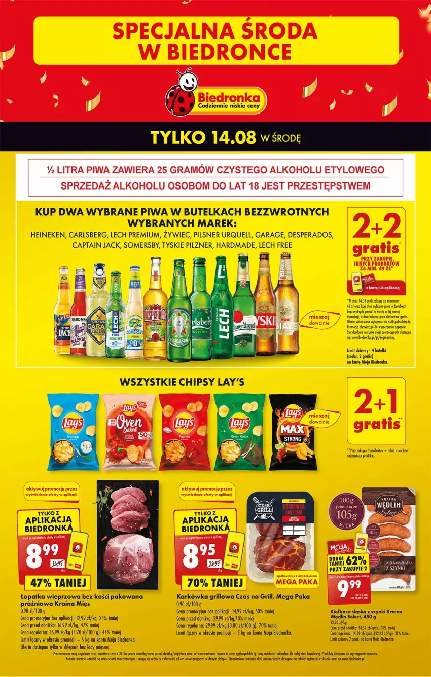 Gazetka promocyjna Biedronka - ważna 14.08 do 14.08.2024 - strona 1 - produkty: Captain Jack, Carlsberg, Desperados, Gra, Grill, Heineken, Kiełbasa, Kiełbasa śląska, Lech Premium, Malm, Olej, Pilsner Urquell, Piwa, Por, Somersby, Tyskie