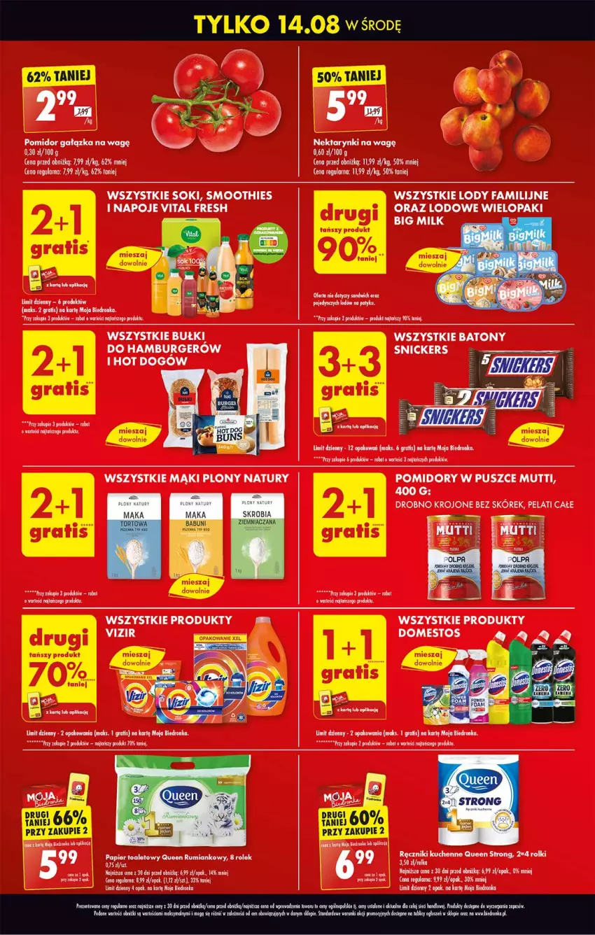 Gazetka promocyjna Biedronka - ważna 14.08 do 14.08.2024 - strona 2 - produkty: Baton, Big Milk, Burger, Fa, Gra, Hamburger, LG, Lody, Napoje, Papier, Papier toaletowy, Pomidory, Ręcznik, Rolki, Smoothie, Snickers, Sok, Vizir