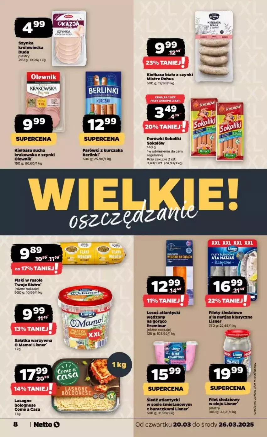 Gazetka promocyjna Netto - ważna 20.03 do 26.03.2025 - strona 12 - produkty: Berlinki, Duda, Flaki, Kiełbasa, Kiełbasa biała, Kurczak, Lasagne, Lasagne bolognese, Lisner, Matjas, Olej, Parówki, Parówki sokoliki, Sałat, Sałatka, Sałatka warzywna, Sok, Sokołów, Sos, Szynka