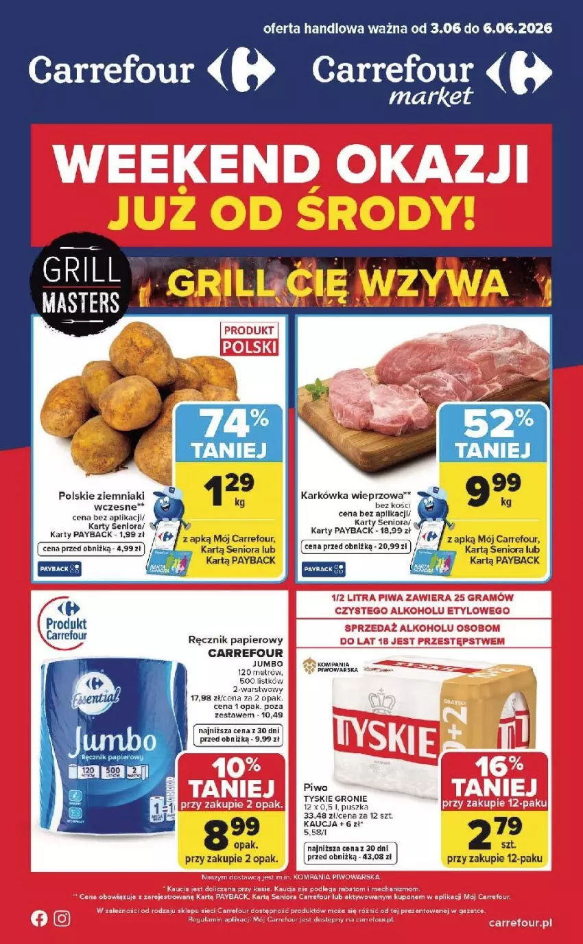 Gazetka promocyjna Carrefour - Gazetka Weekend okazji już od środy! - ważna 03.06 do 06.06.2026 - strona 1 - produkty: Fa, Karkówka wieprzowa, LG, Mecze, Nike, Noż, Papier, Piwo, Ręcznik, Ziemniaki