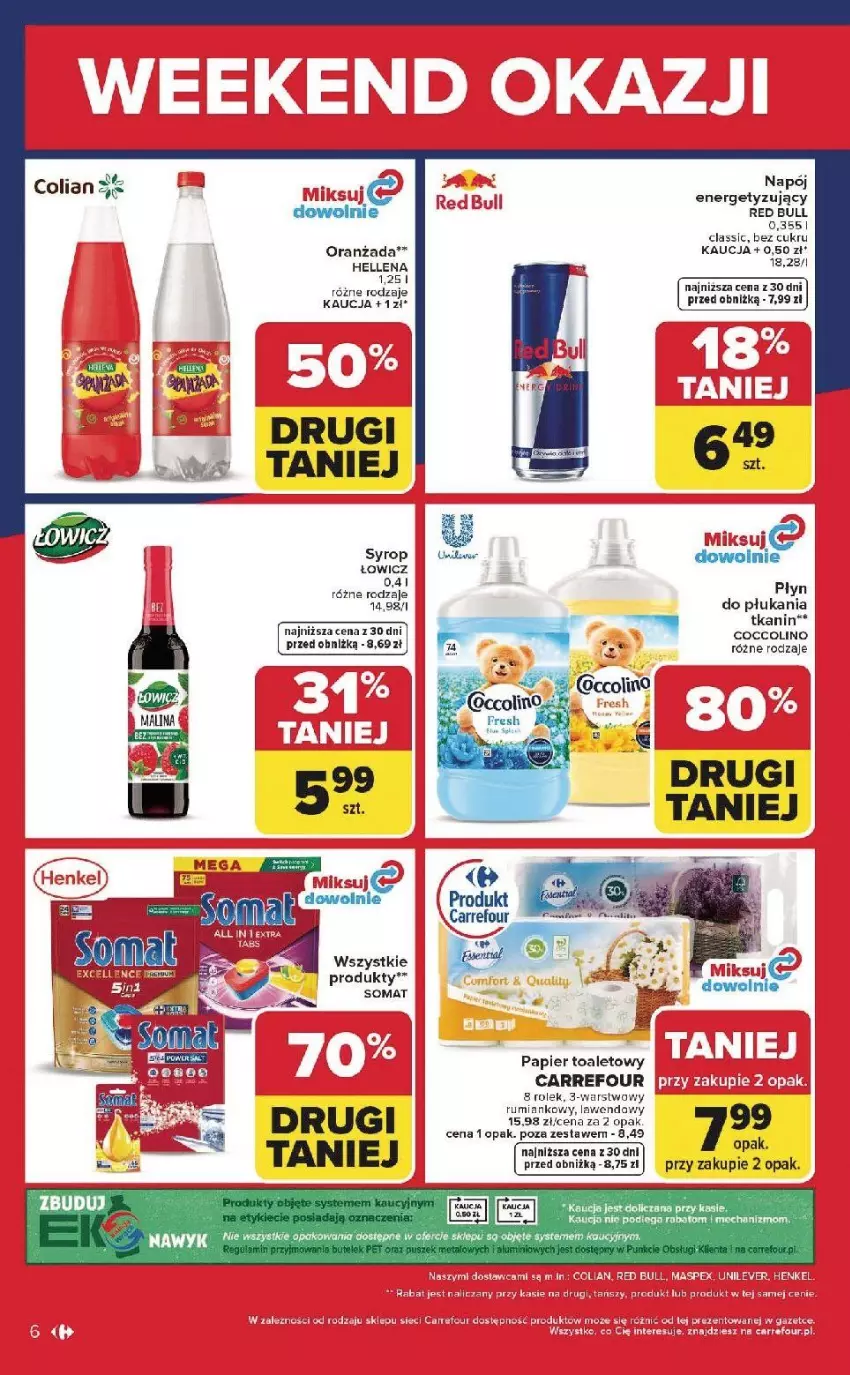 Gazetka promocyjna Carrefour - Gazetka Weekend okazji już od środy! - ważna 03.06 do 06.06.2026 - strona 6 - produkty: Coccolino, Fa, Hellena, LG, Napój, Papier, Płyn do płukania, Red Bull, Rum, Ser, Somat, Syrop