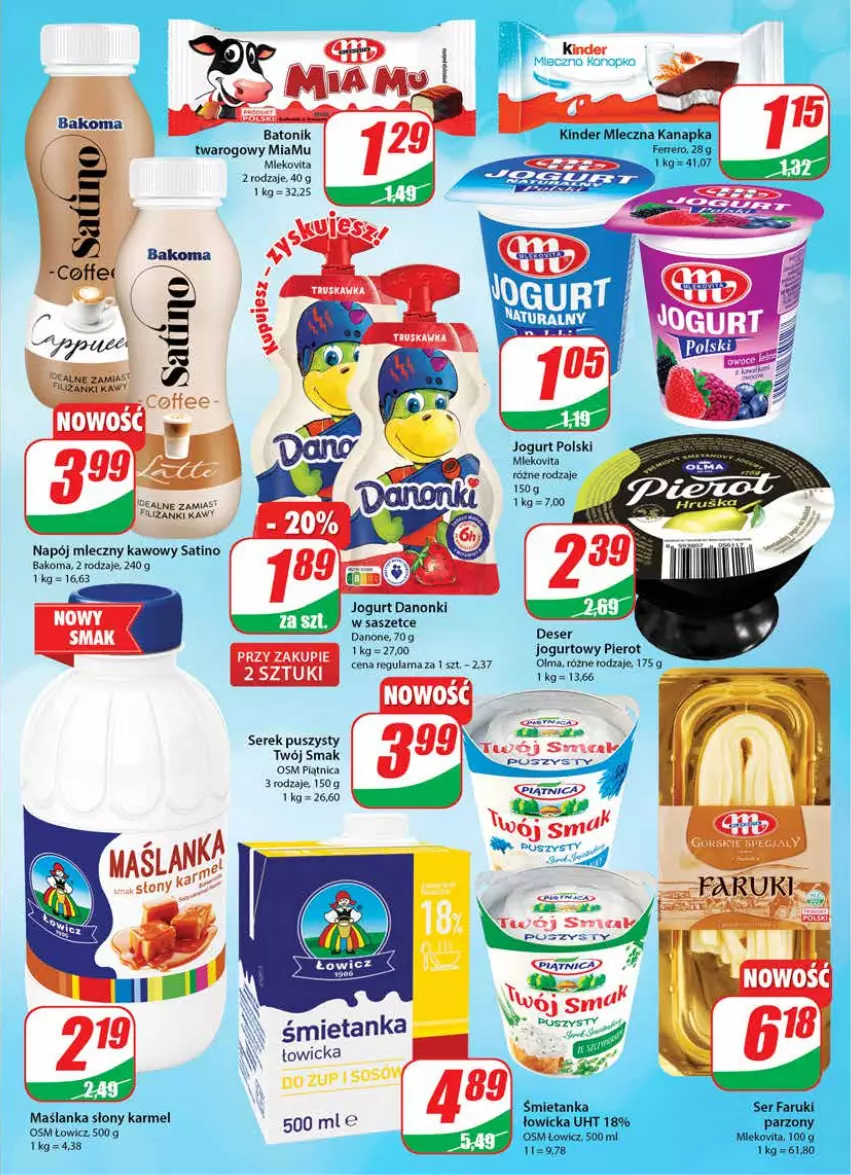 Gazetka promocyjna Dino - Gazetka - ważna 01.06 do 07.06.2022 - strona 13 - produkty: Bakoma, Baton, Batonik twarogowy, Danone, Danonki, Deser, Fa, Ferrero, Jogurt, Kinder, Mleczna kanapka, Mleko, Mlekovita, Napój, Napój mleczny, Olma, Piątnica, Sati, Ser, Tonik