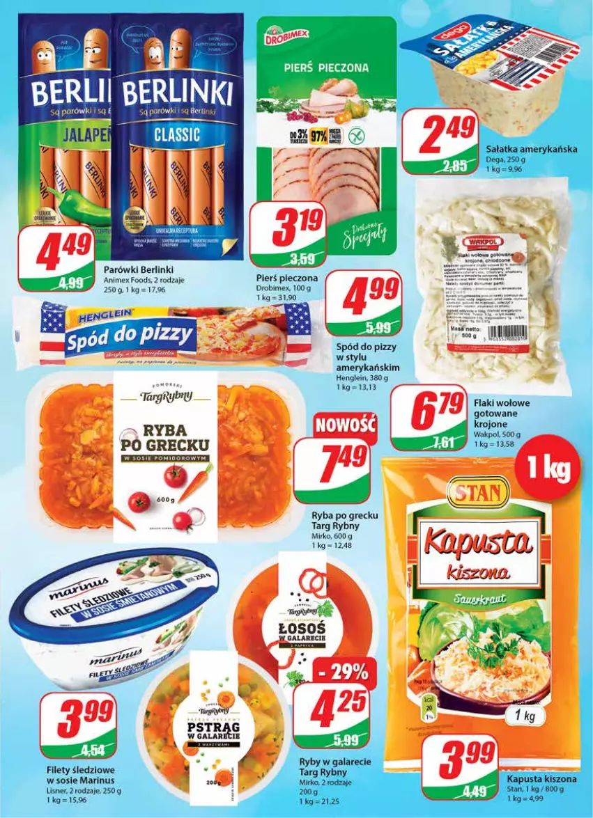 Gazetka promocyjna Dino - Gazetka - ważna 01.06 do 07.06.2022 - strona 15 - produkty: Berlinki, Dega, Drobimex, Flaki, Flaki wołowe, Gala, Gry, Lisner, Parówki, Piec, Por, Ryba, Ryba po grecku, Sałat, Sałatka, Sos, Spód do pizzy