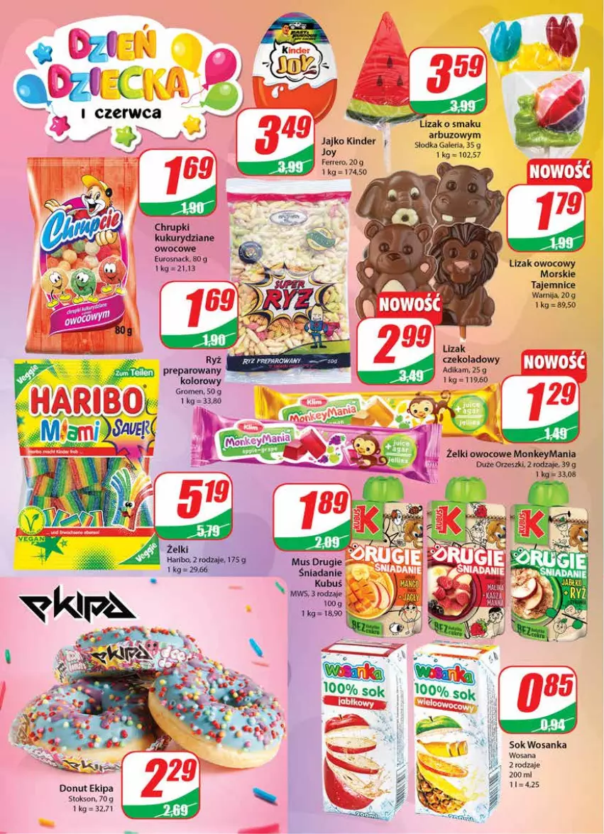 Gazetka promocyjna Dino - Gazetka - ważna 01.06 do 07.06.2022 - strona 4 - produkty: Arbuz, Donut, Ferrero, Haribo, Kinder, Kubuś, Mus, Orzeszki, Sok, Wosana