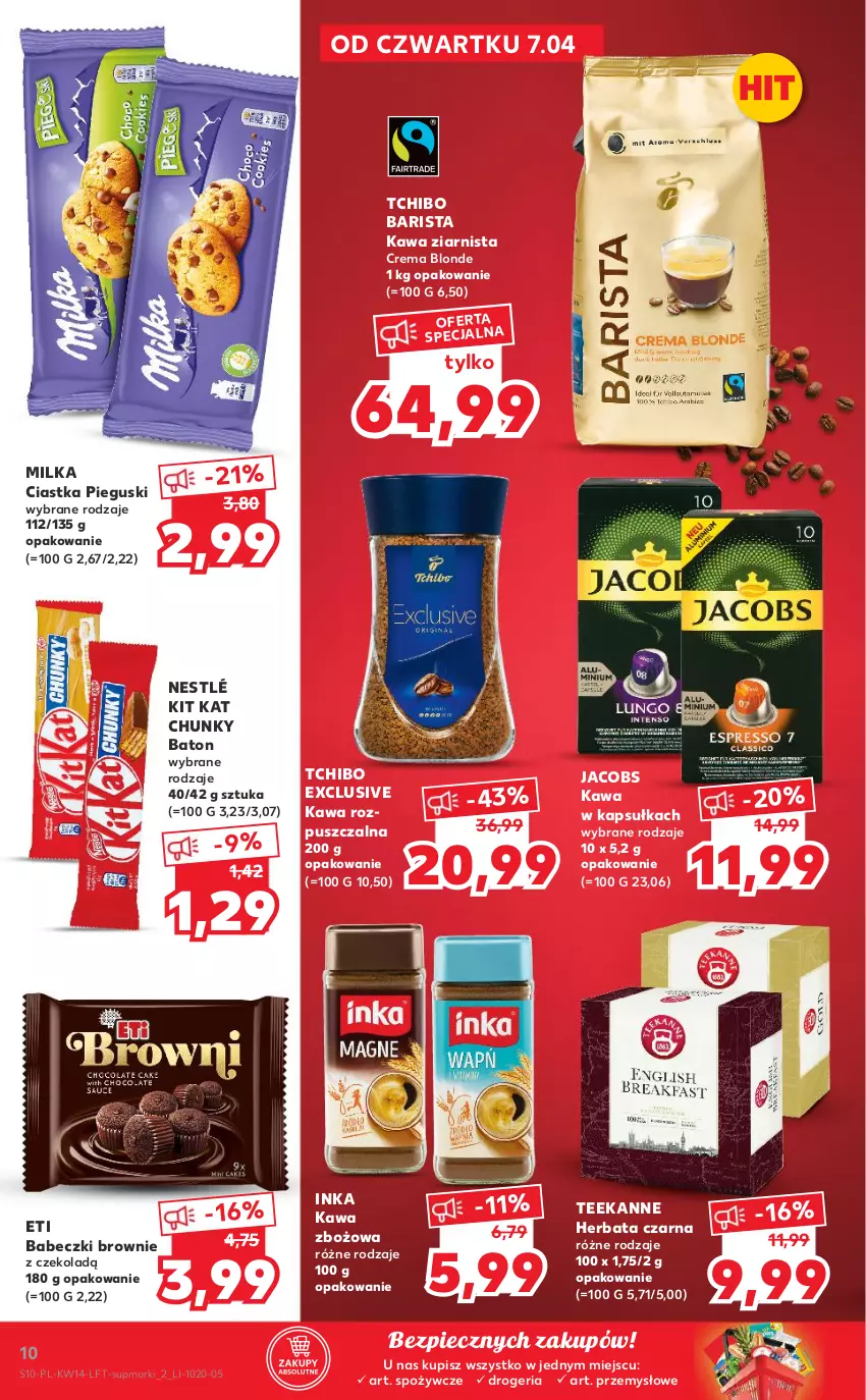 Gazetka promocyjna Kaufland - OFERTA TYGODNIA - ważna 07.04 do 12.04.2022 - strona 10 - produkty: Babeczki, Baton, Brownie, Ciastka, Herbata, Herbata czarna, Inka, Jacobs, Kawa, Kawa rozpuszczalna, Kawa zbożowa, Kawa ziarnista, Kit Kat, Milka, Nestlé, Piec, Tchibo, Tchibo Barista, Teekanne