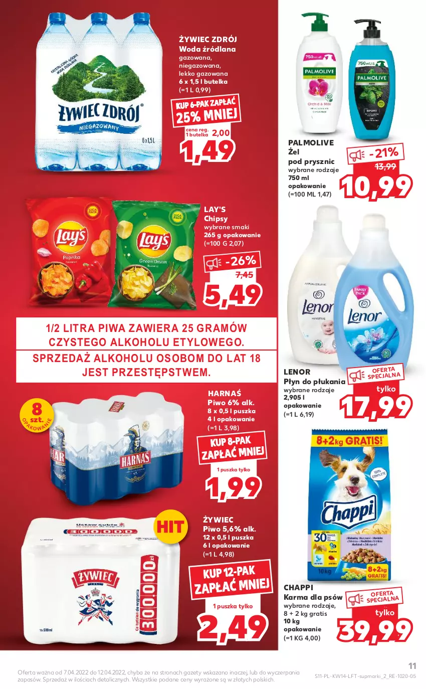 Gazetka promocyjna Kaufland - OFERTA TYGODNIA - ważna 07.04 do 12.04.2022 - strona 11 - produkty: Chappi, Chipsy, Gra, Harnaś, LANA, Lenor, Palmolive, Piwa, Piwo, Płyn do płukania, Woda