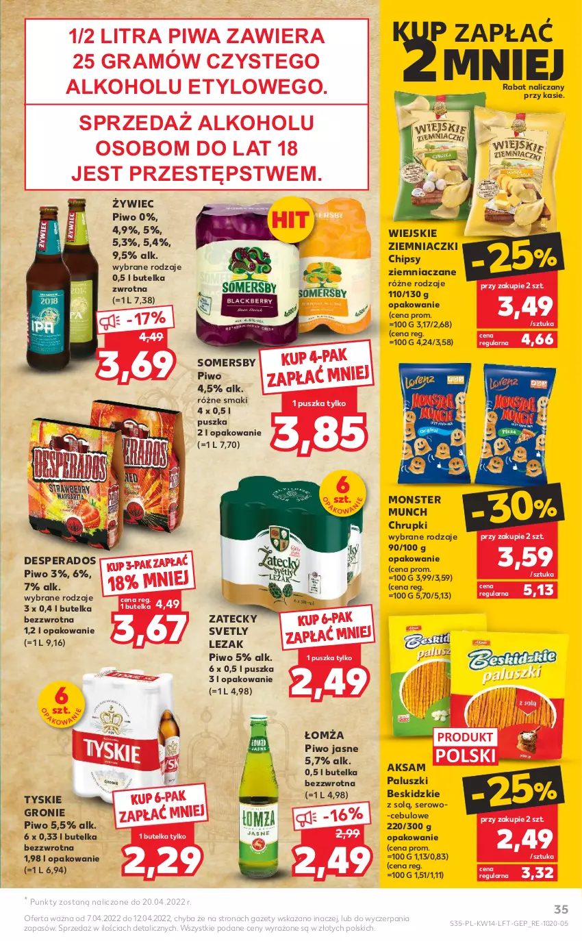 Gazetka promocyjna Kaufland - OFERTA TYGODNIA - ważna 07.04 do 12.04.2022 - strona 35 - produkty: Aksam, Beskidzki, Chipsy, Chrupki, Desperados, Gra, Monster Munch, Piwa, Piwo, Piwo jasne, Ser, Somersby, Tyskie