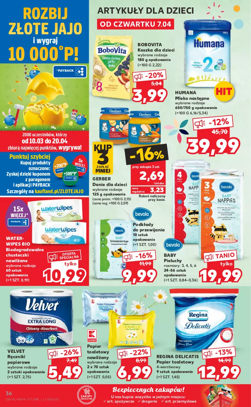 Gazetka promocyjna Kaufland - OFERTA TYGODNIA - ważna 07.04 do 12.04.2022 - strona 36 - produkty: BoboVita, Chusteczki, Danie dla dzieci, Dzieci, Gerber, Gin, Gra, Gry, Humana, Mleko, O nas, Papier, Papier toaletowy, Piec, Pieluchy, Podkład, Ręcznik, Ręczniki papierowe, Velvet