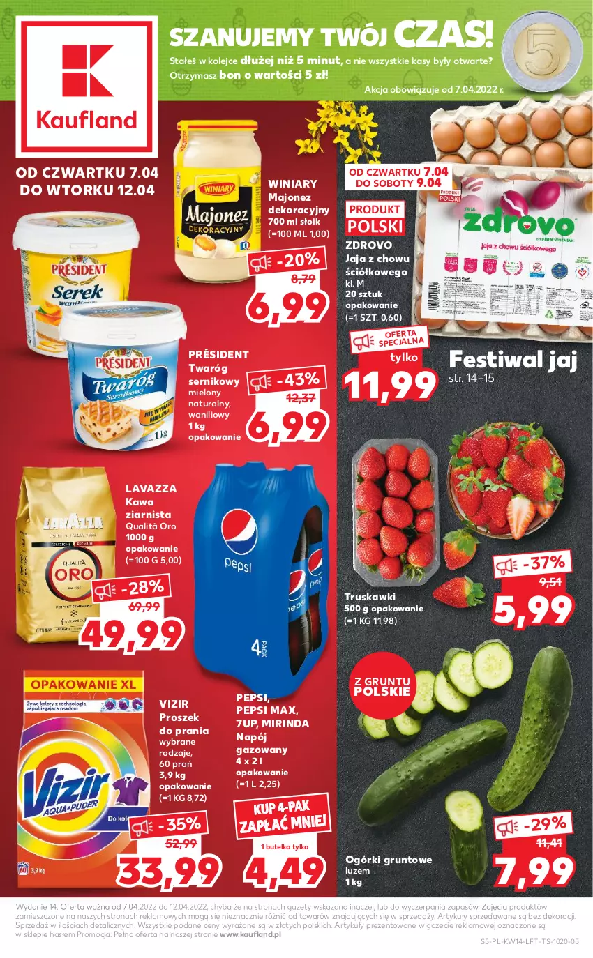 Gazetka promocyjna Kaufland - OFERTA TYGODNIA - ważna 07.04 do 12.04.2022 - strona 5 - produkty: 7up, Grunt, Jaja, Kawa, Kawa ziarnista, Lavazza, Majonez, Mirinda, Napój, Napój gazowany, Olej, Pepsi, Pepsi max, Président, Proszek do prania, Ser, Truskawki, Twaróg, Vizir, Winiary