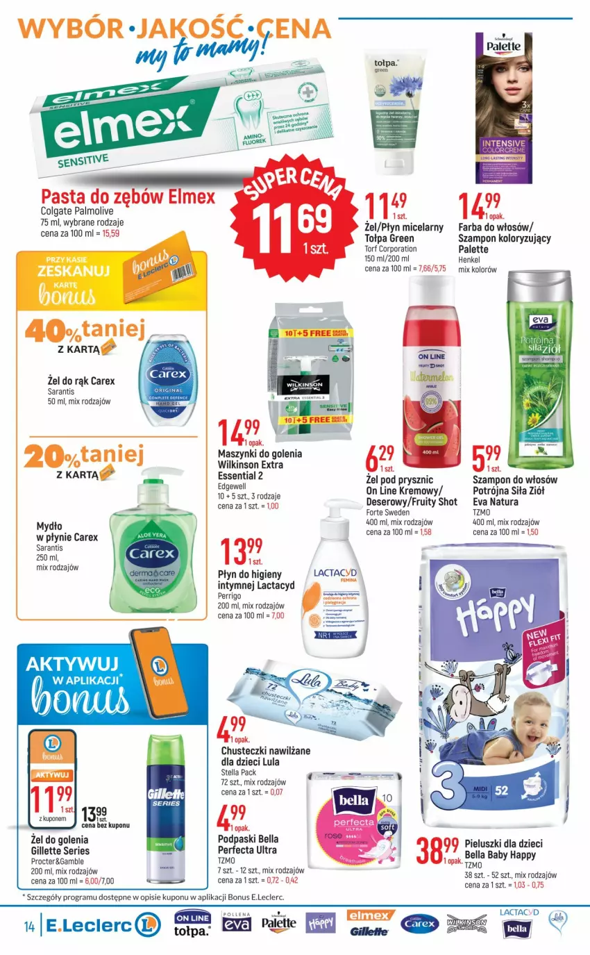 Gazetka promocyjna E Leclerc - ważna 07.03 do 18.03.2023 - strona 14 - produkty: Bell, Bella, Chusteczki, Colgate, Deser, Dzieci, Elmex, Fa, Farba do włosów, Gillette, Gra, Lactacyd, LG, Mydło, Palette, Palmolive, Pasta do zębów, Perfecta, Płyn micelarny, Podpaski, Por, Ser, Szampon, Tołpa