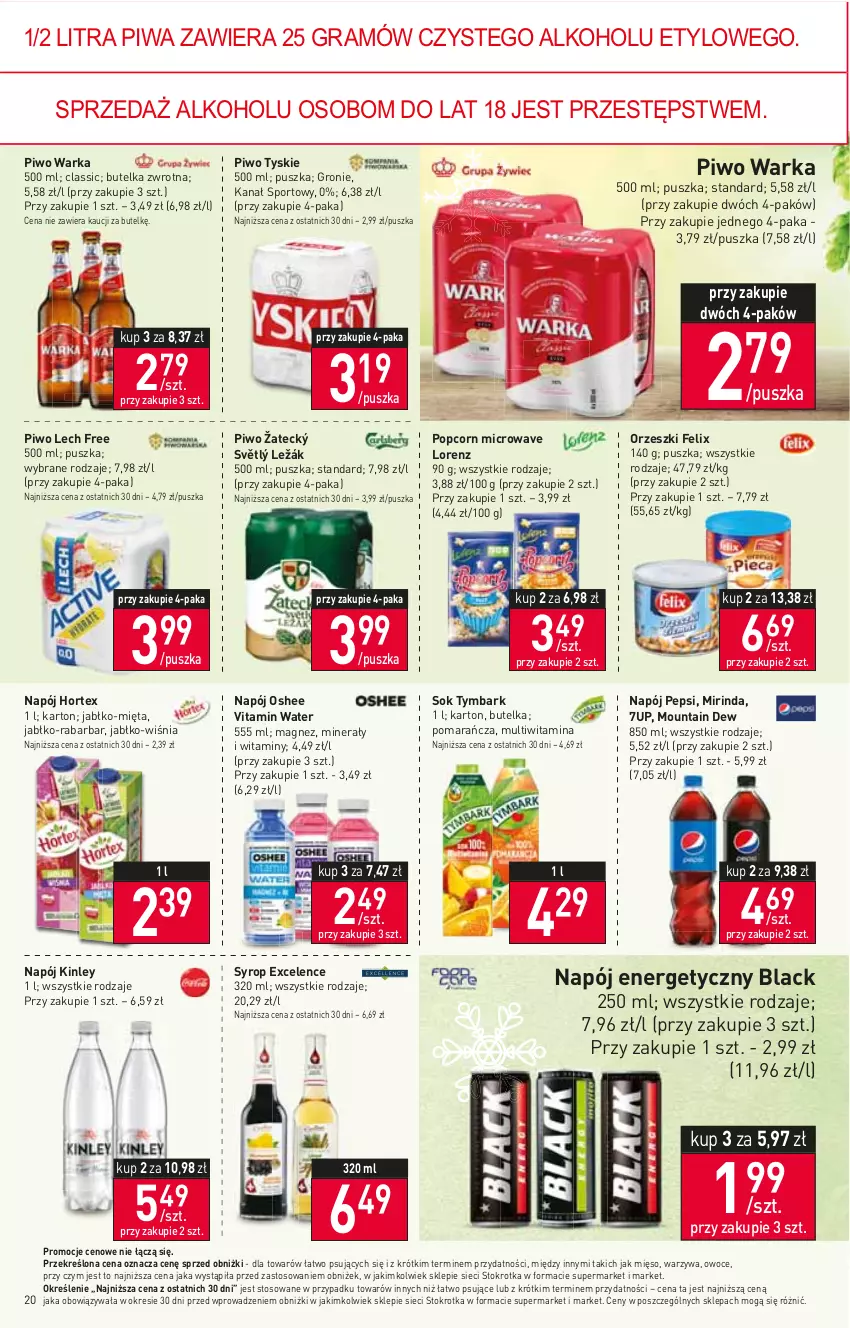 Gazetka promocyjna Stokrotka - Supermarket - ważna 16.11 do 22.11.2023 - strona 22 - produkty: 7up, Felix, Gra, Hortex, Lack, Lorenz, Magnez, Mięso, Mięta, Mirinda, Napój, Napój energetyczny, Orzeszki, Oshee, Owoce, Pepsi, Piwa, Piwo, Popcorn, Por, Sok, Sport, Syrop, Tymbark, Tyskie, Warka, Warzywa