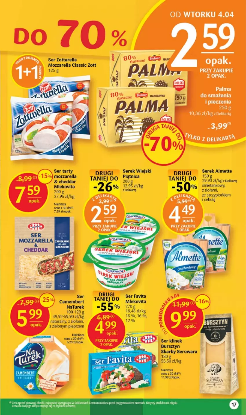 Gazetka promocyjna Delikatesy Centrum - Gazetka DC13 - ważna 30.03 do 08.04.2023 - strona 17 - produkty: Almette, Bursztyn, Camembert, Fa, Favita, Mleko, Mlekovita, Mozzarella, NaTurek, Palma, Piec, Pieprz, Ser, Serek, Serek wiejski, Vita C, Zott, Zottarella