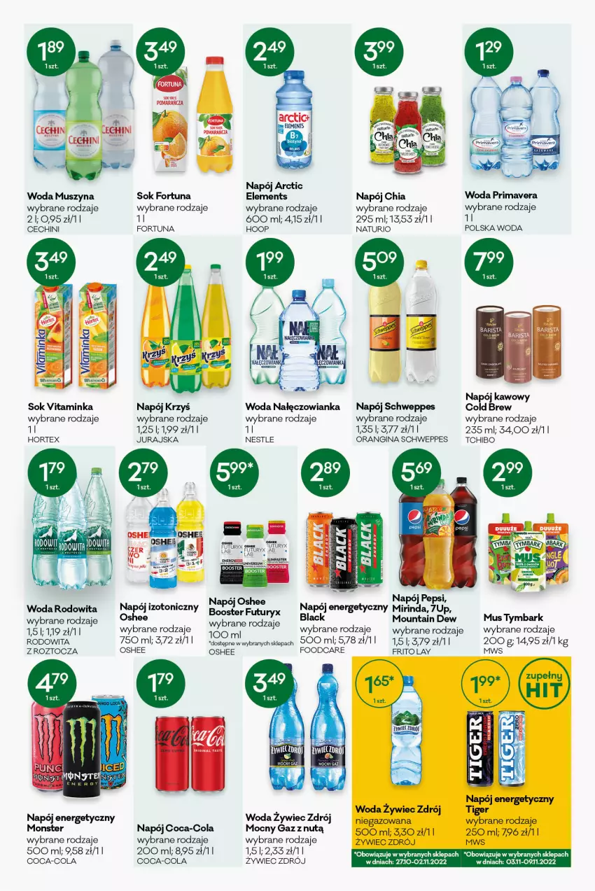 Gazetka promocyjna Groszek - ważna 13.10 do 25.10.2022 - strona 10 - produkty: 7up, Booster, Chia, Coca-Cola, Fortuna, Gin, Hoop, Hortex, Inka, Lack, Mirinda, Mus, Nałęczowianka, Napój, Napój energetyczny, Napój izotoniczny, Oshee, Pepsi, Prima, Primavera, Schweppes, Sok, Szyna, Tchibo, Tymbark, Woda