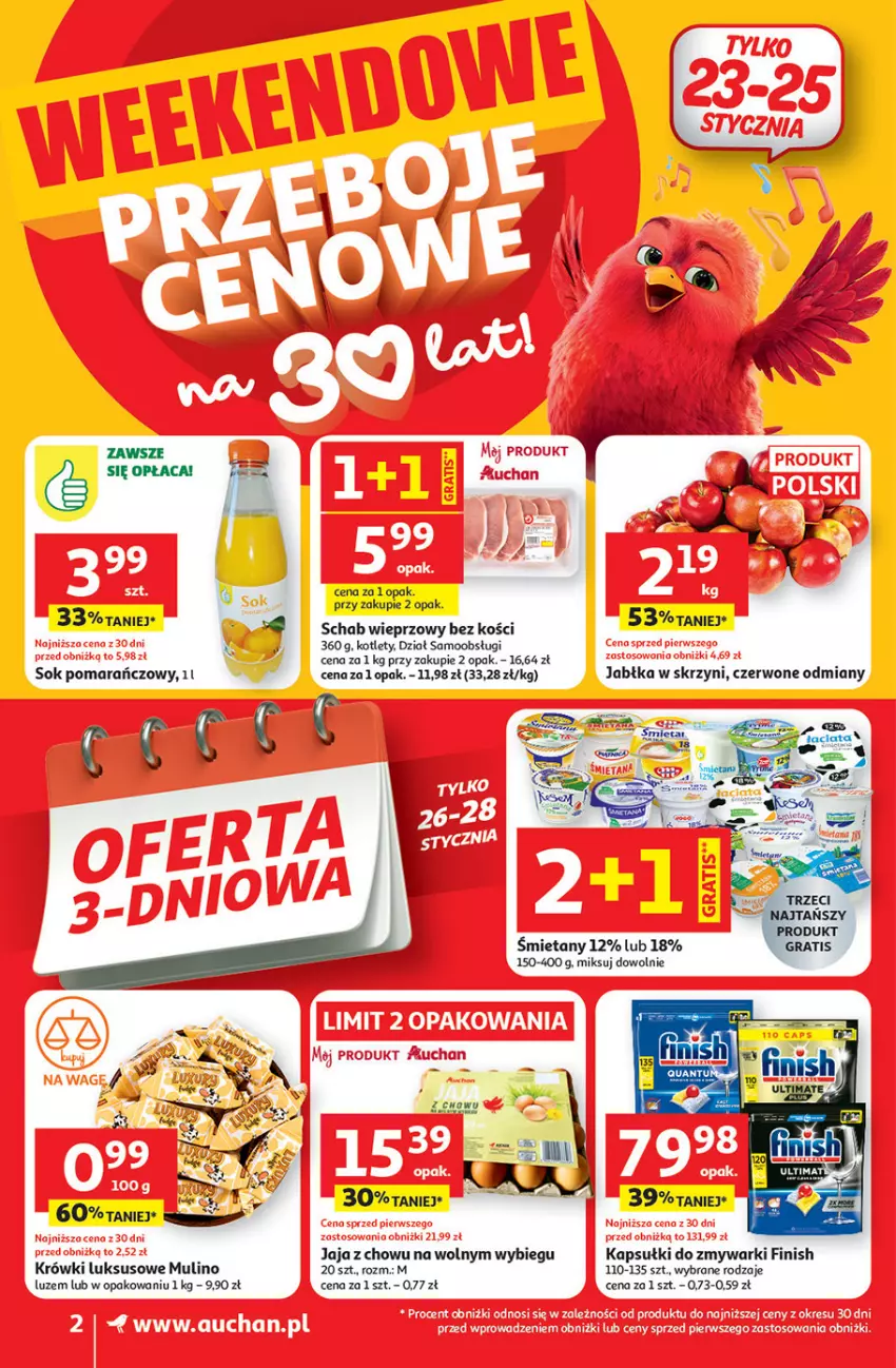 Gazetka promocyjna Auchan - 30 Lat Auchan Supermarket Franczyza - ważna 22.01 do 28.01.2026 - strona 2 - produkty: Finish, Jabłka, Jaja, Kotlet, Schab wieprzowy, Sok, Sok pomarańczowy, Zmywarki