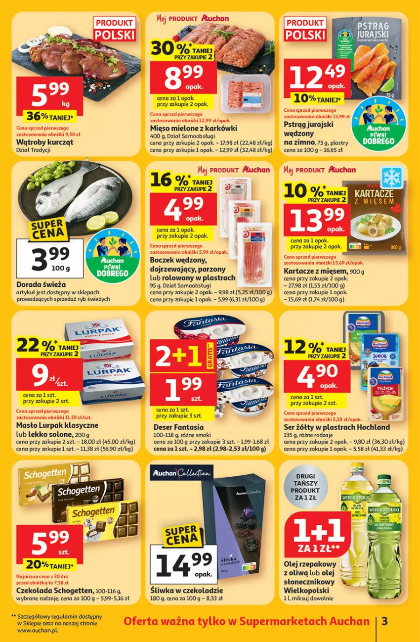 Gazetka promocyjna Auchan - 30 Lat Auchan Supermarket Franczyza - ważna 22.01 do 28.01.2026 - strona 3 - produkty: Boczek, Czekolada, Deser, Fa, Fanta, Hochland, Lurpak, Masło, Mięso, Mięso mielone, Olej, Pstrąg, Schogetten, Ser