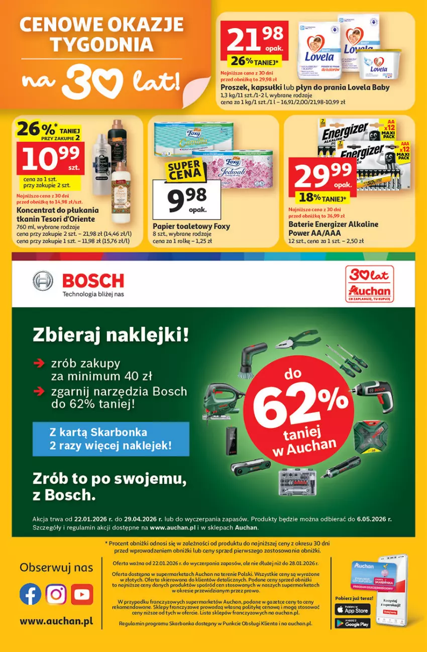 Gazetka promocyjna Auchan - 30 Lat Auchan Supermarket Franczyza - ważna 22.01 do 28.01.2026 - strona 4 - produkty: Bosch, Energizer, Foxy, Gra, Klej, Lovela, Papier, Papier toaletowy, Płyn do prania, Ser, Tera