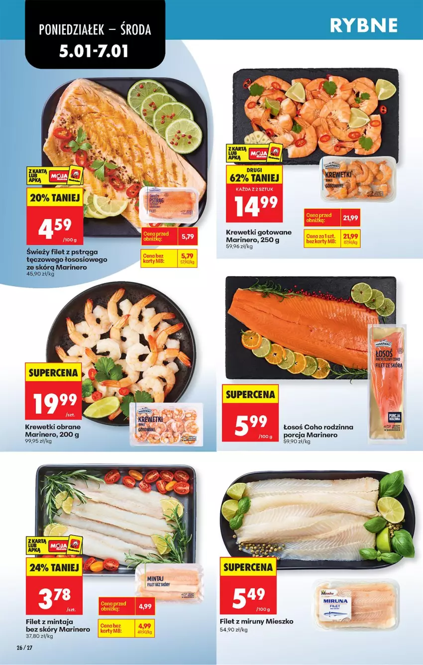 Gazetka promocyjna Biedronka - Od Poniedziałku - ważna 05.01 do 10.01.2026 - strona 34 - produkty: Filet z mintaja, Filet z pstrąga, Krewetki, Mintaj, Miruna, Por, Pstrąg, Sos