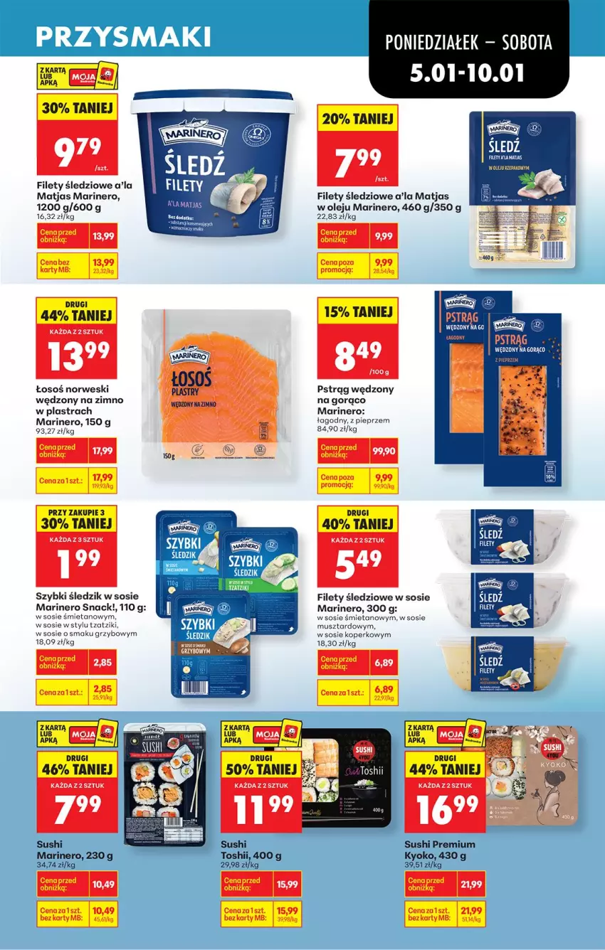 Gazetka promocyjna Biedronka - Od Poniedziałku - ważna 05.01 do 10.01.2026 - strona 35 - produkty: Matjas, Mus, Olej, Pieprz, Pstrąg, Pstrąg wędzony, Sos, Sushi, Tago