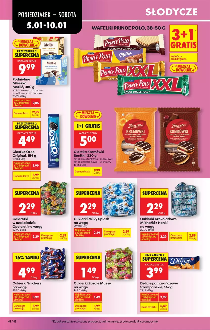 Gazetka promocyjna Biedronka - Od Poniedziałku - ważna 05.01 do 10.01.2026 - strona 50 - produkty: Bonitki, Ciastka, Cukier, Cukierki, Cukierki czekoladowe, Delicje, Gala, Galaretki, Gin, Gra, Kokos, Lanki, Michałki, Mleczko, Mus, Oreo, Por, Prince Polo