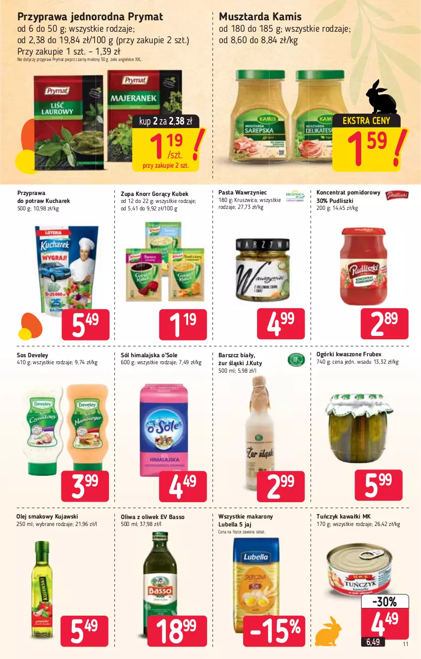 Gazetka promocyjna Stokrotka - Market - ważna 25.03 do 31.03.2021 - strona 11 - produkty: Bell, Bella, Kamis, Kawa, Knorr, Koncentrat pomidorowy, Kubek, Kucharek, Kujawski, Lubella, Makaron, Mus, Musztarda, Olej, Olej smakowy, Oliwa z oliwek, Pieprz, Prymat, Przyprawa do potraw, Pudliszki, Sól, Sól himalajska, Sos, Tuńczyk, Ziele angielskie, Zupa