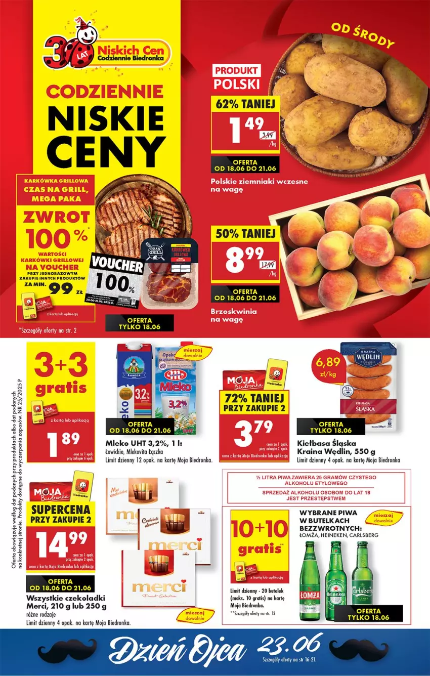Gazetka promocyjna Biedronka - Od Środy - ważna 18.06 do 19.06.2025 - strona 1 - produkty: Carlsberg, Fa, Gra, Heineken, Kiełbasa, Kiełbasa śląska, Kret, Merci, Mleko, Mlekovita, Mule, Piwa