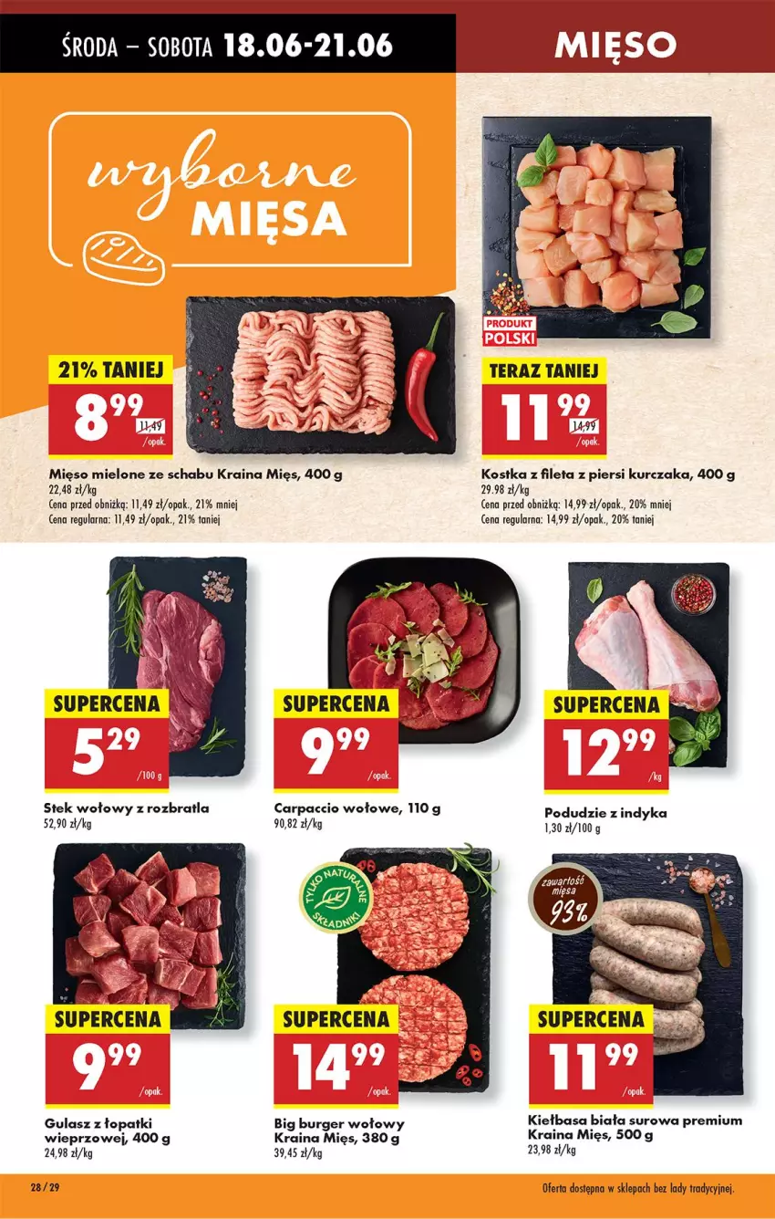 Gazetka promocyjna Biedronka - Od Środy - ważna 18.06 do 21.06.2025 - strona 32 - produkty: Burger, Carpaccio, Fa, Kiełbasa, Kiełbasa biała, Kurczak, Mięso, Mięso mielone, Stek, Stek wołowy, Tera