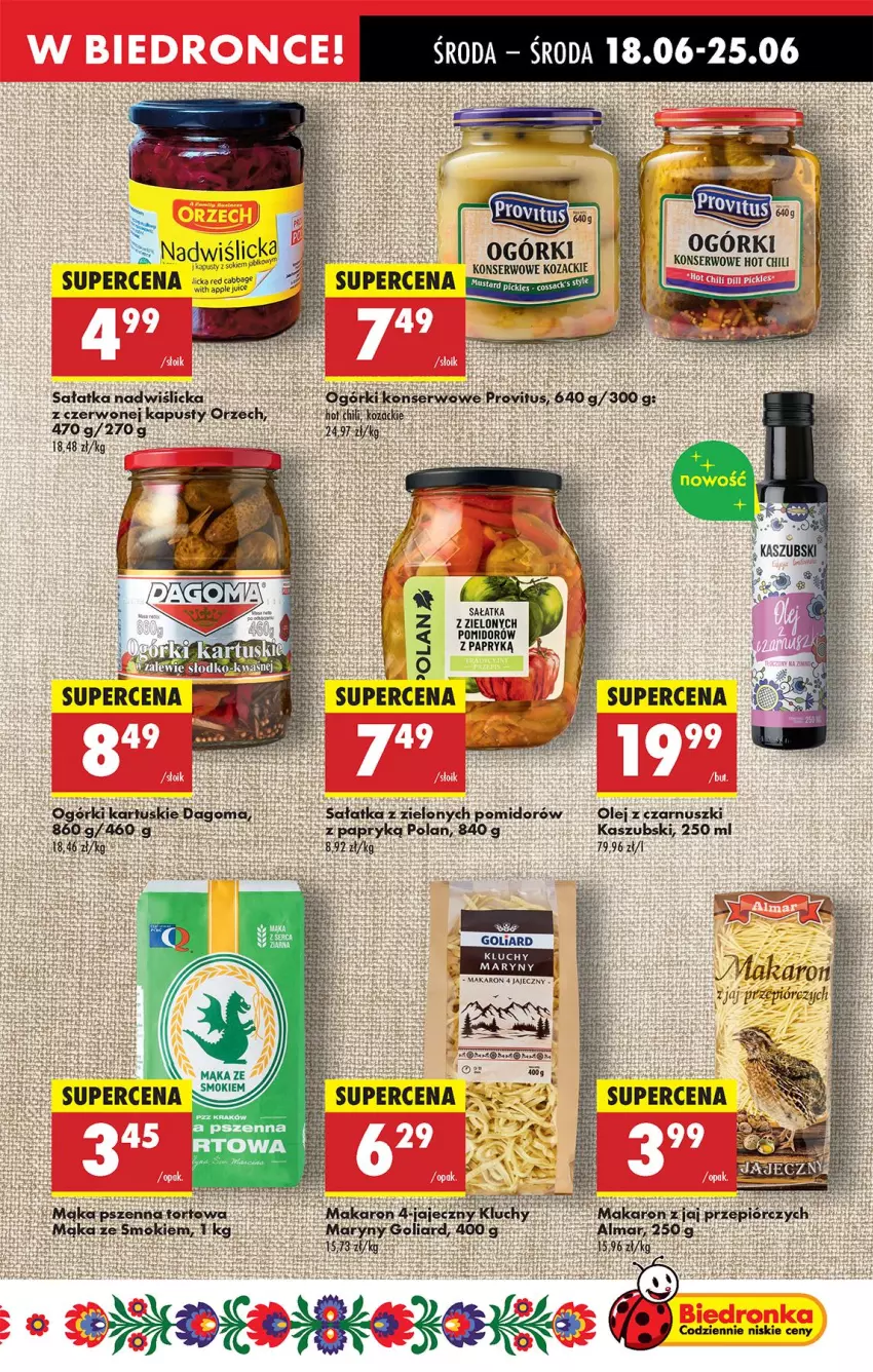 Gazetka promocyjna Biedronka - Od Środy - ważna 18.06 do 21.06.2025 - strona 45 - produkty: Goliard, Mąka, Makaron, Ogórki konserwowe, Olej, Olej z czarnuszki, Por, Pur, Sałat, Sałatka, Ser, Sok