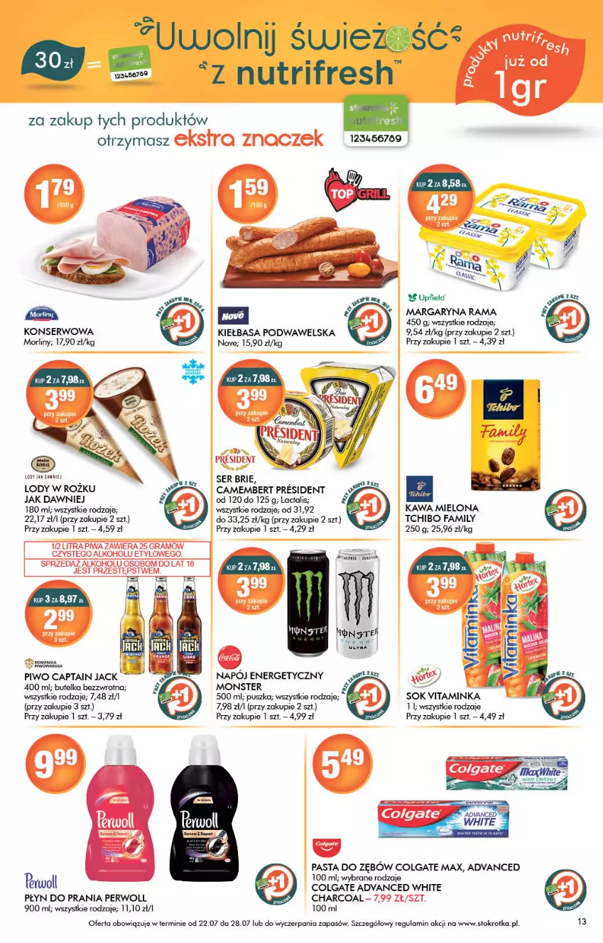 Gazetka promocyjna Stokrotka - Supermarket - ważna 22.07 do 28.07.2021 - strona 13 - produkty: Brie, Camembert, Captain Jack, Colgate, Fa, Gra, HP, Kawa, Kawa mielona, Kiełbasa, Kiełbasa podwawelska, LG, Lody, Margaryna, Morliny, Pasta do zębów, Perwoll, Piwa, Piwo, Płyn do prania, Por, Rama, Ser, Tchibo, Tchibo Family, Wawel