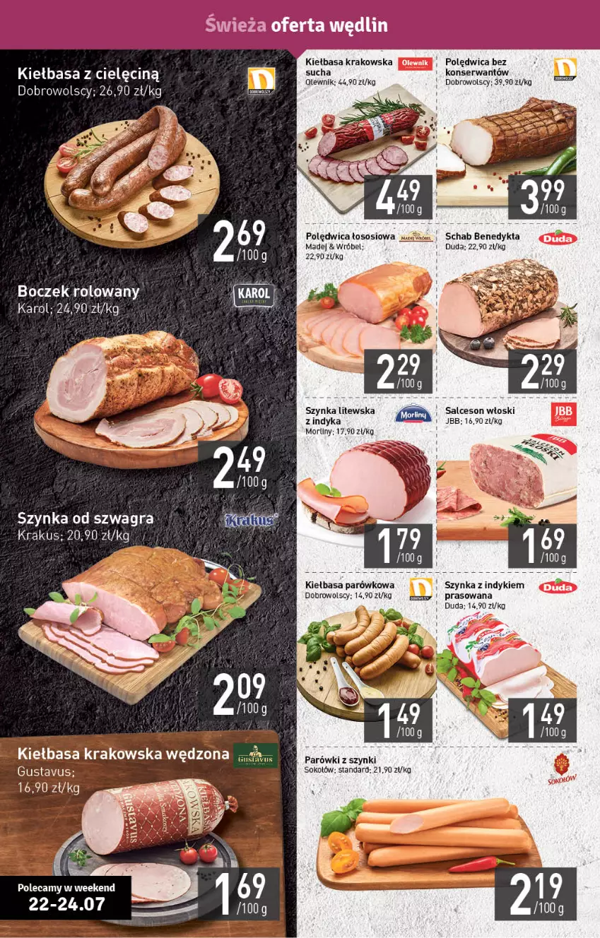 Gazetka promocyjna Stokrotka - Supermarket - ważna 22.07 do 28.07.2021 - strona 4 - produkty: Boczek, Duda, Gra, Kiełbasa, Kiełbasa krakowska, Krakus, Morliny, Olewnik, Parówki, Parówki z szynki, Polędwica, Salceson, Schab Benedykta, Ser, Sok, Sokołów, Sos, Szynka