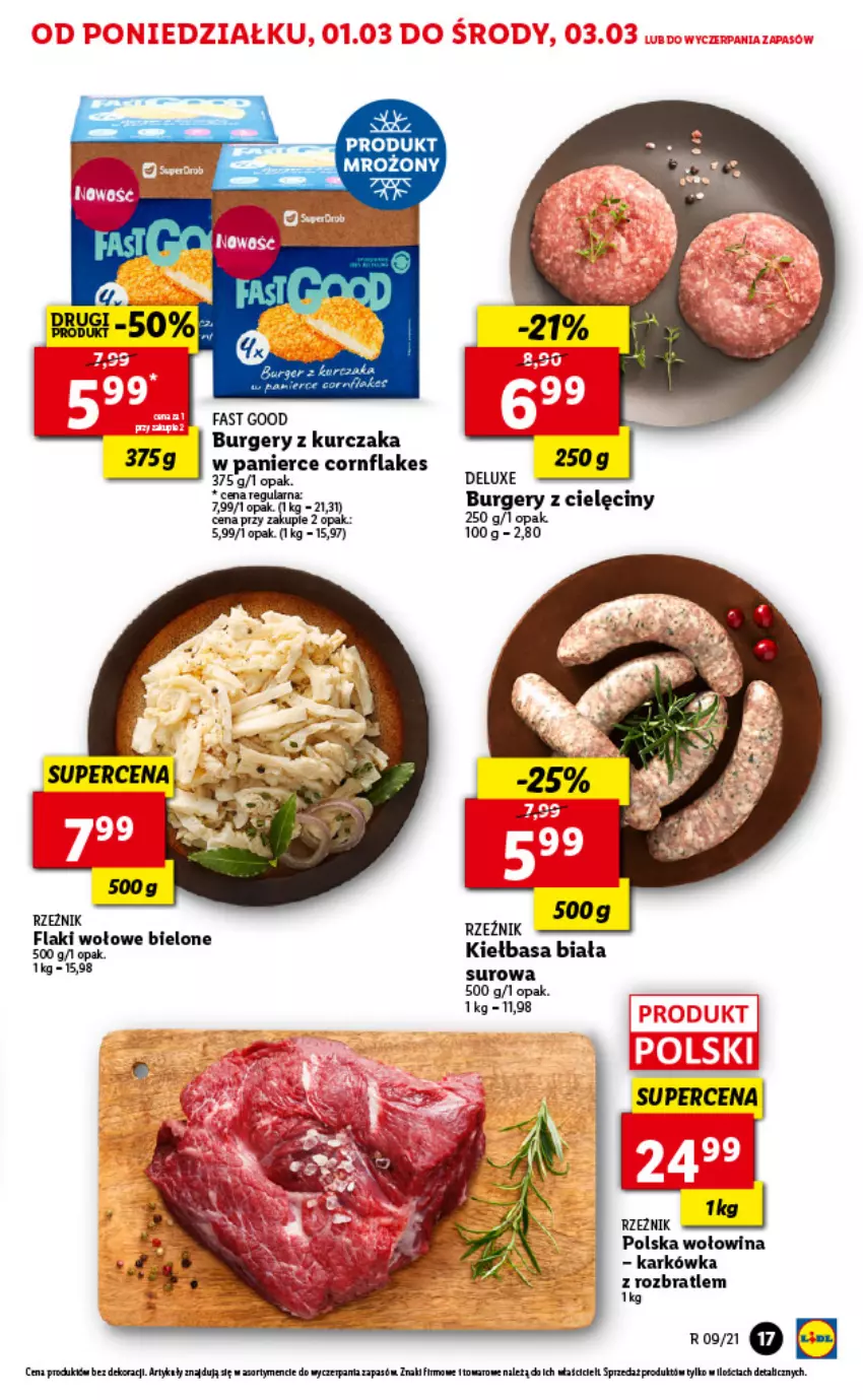 Gazetka promocyjna Lidl - GAZETKA - ważna 01.03 do 03.03.2021 - strona 17 - produkty: Burger, Fa, Flaki, Flaki wołowe, Kiełbasa, Kiełbasa biała, Kurczak, Wołowina