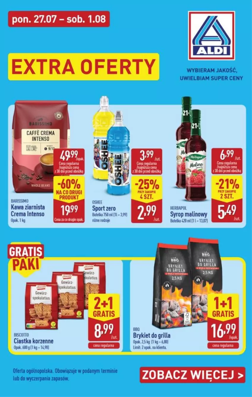 Gazetka promocyjna Aldi - Extra oferta - ważna 27.07 do 01.08.2026 - strona 1 - produkty: Ciastka, Grill, Herbapol, Kawa, Kawa ziarnista, Por, Sport, Syrop