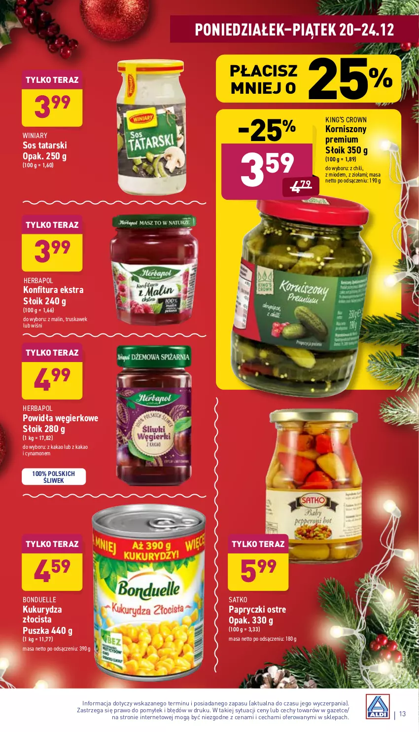 Gazetka promocyjna Aldi - Katalog spożywczy - ważna 20.12 do 24.12.2021 - strona 13 - produkty: Bonduelle, Herbapol, Kakao, King’s Crown, Konfitura, Korniszony, Kukurydza, Sos, Tera, Winiary