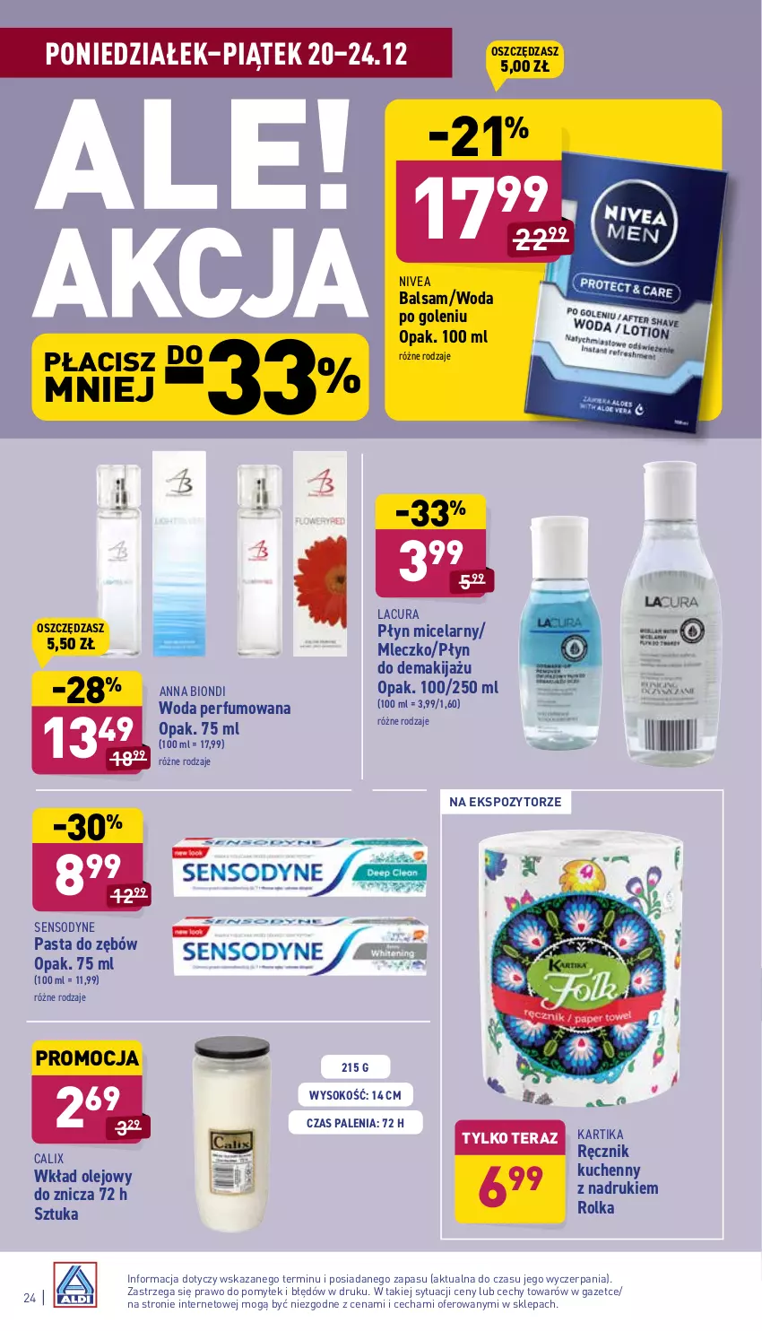 Gazetka promocyjna Aldi - Katalog spożywczy - ważna 20.12 do 24.12.2021 - strona 24 - produkty: Makijaż, Mleczko, Nivea, Olej, Pasta do zębów, Perfum, Płyn micelarny, Ręcznik, Ręcznik kuchenny, Sensodyne, Sok, Tera, Wkład olejowy, Woda, Woda perfumowana, Woda po goleniu, Znicz