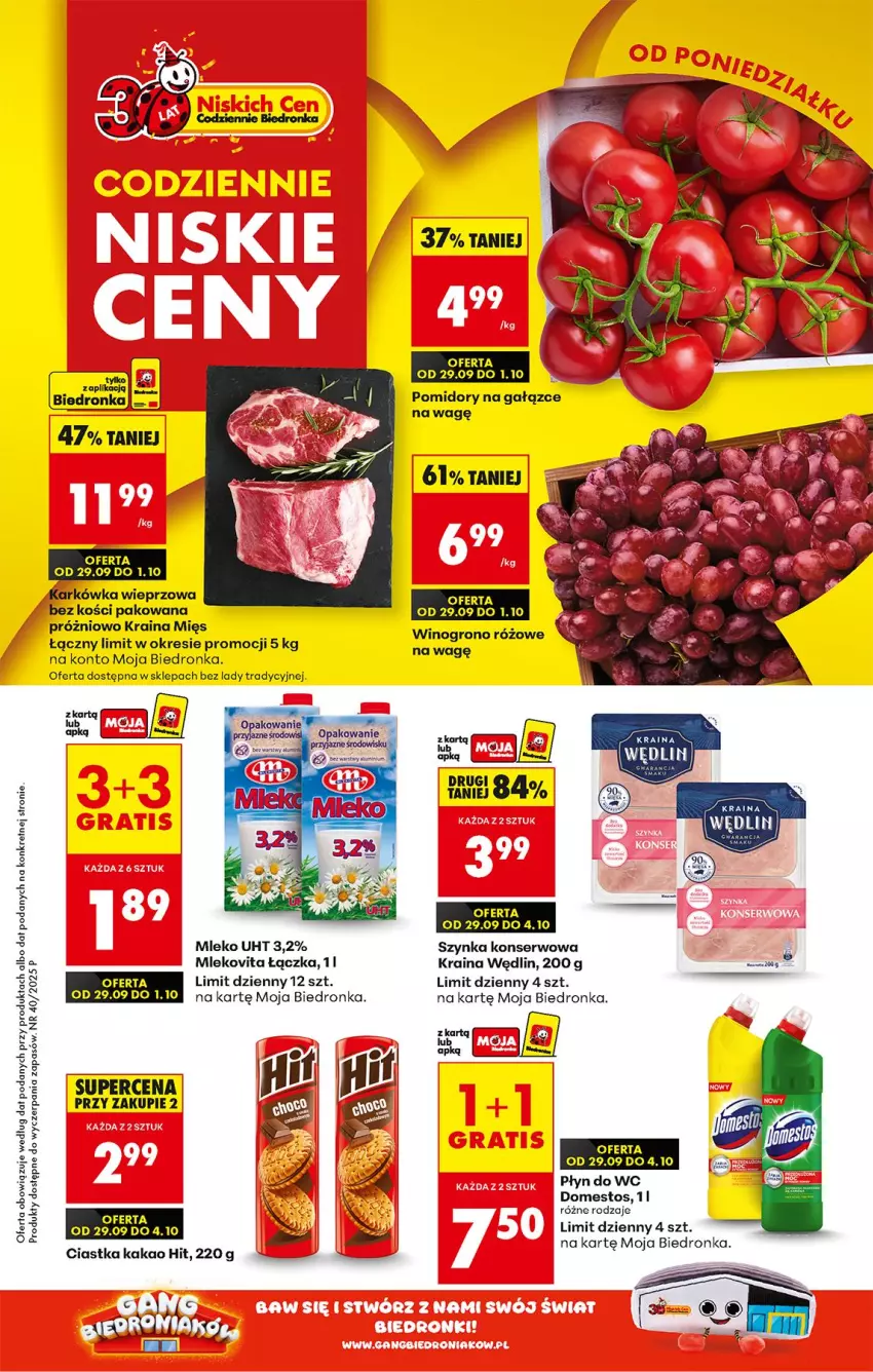 Gazetka promocyjna Biedronka - Od Poniedziałku - ważna 29.09 do 04.10.2025 - strona 1 - produkty: Ciastka, Domestos, Kakao, Karkówka wieprzowa, Kret, Mleko, Mlekovita, Płyn do wc, Pomidory, Ser, Szynka, Szynka konserwowa, Wino
